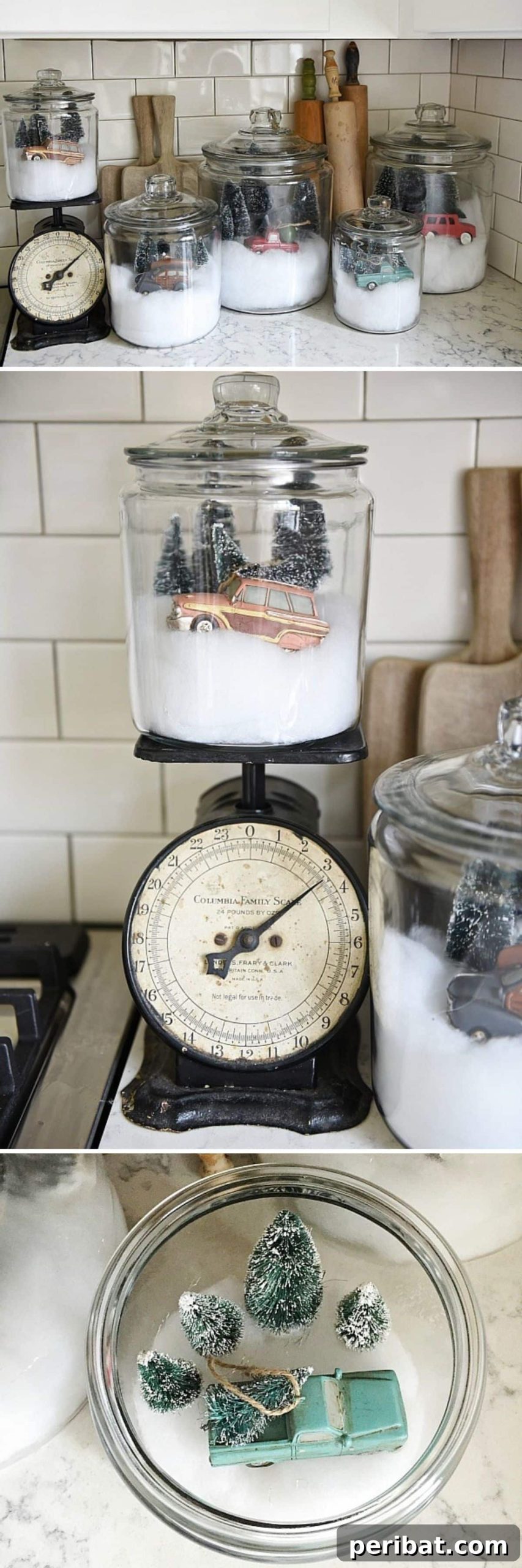 25 DIY Farmhouse Christmas Decor Ideas for a Rustic Country Christmas 3 DIY Snow Globe Jars with vintage car ornaments for a rustic Christmas feel