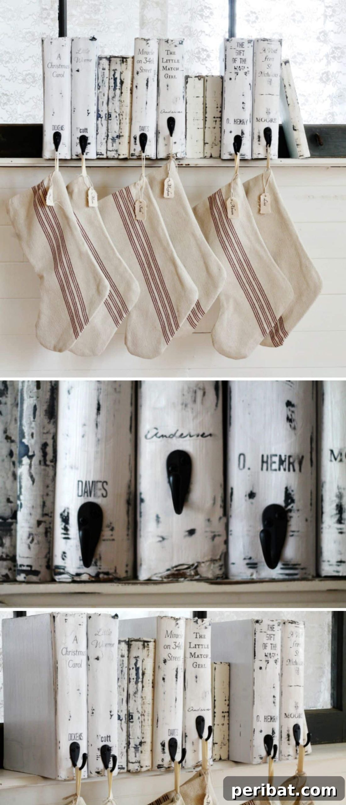 25 DIY Farmhouse Christmas Decor Ideas for a Rustic Country Christmas 21 Christmas Book Stocking Holder made from old books, painted white, for a rustic mantel