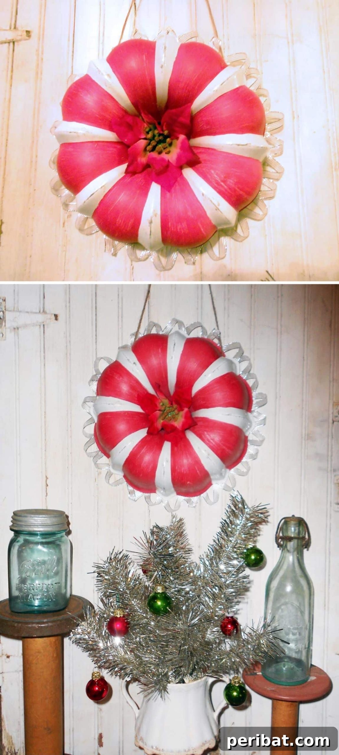 25 DIY Farmhouse Christmas Decor Ideas for a Rustic Country Christmas 24 Bundt Pan Wreath painted with candy cane stripes for a farmhouse kitchen Christmas