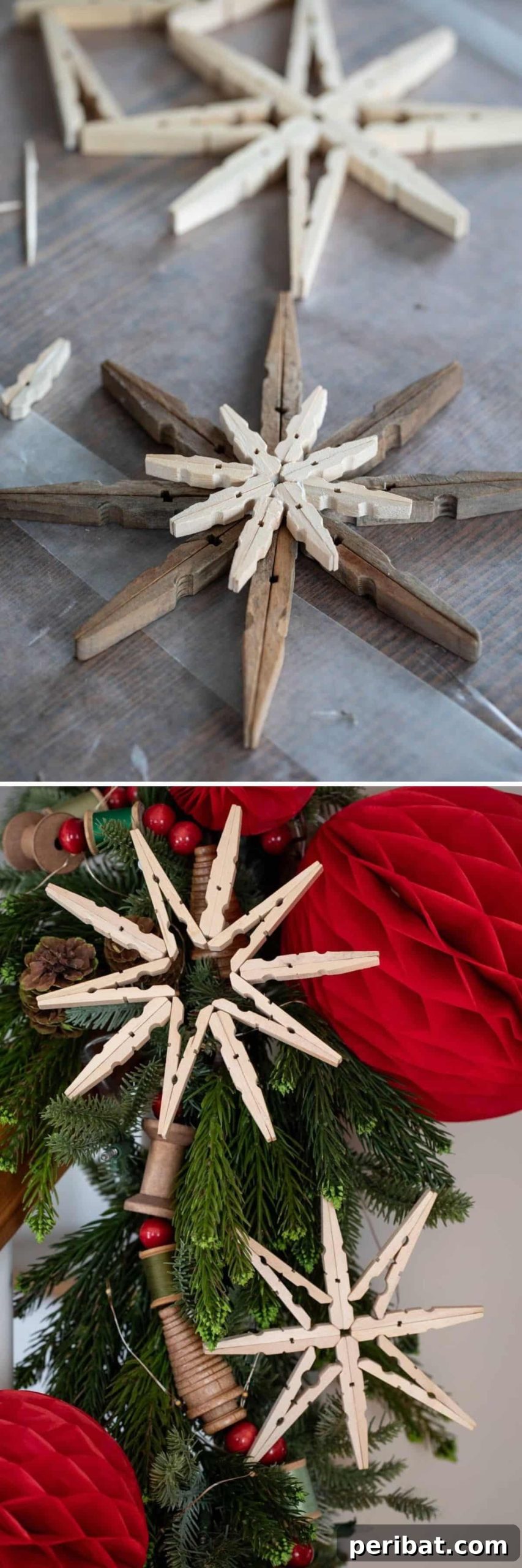25 DIY Farmhouse Christmas Decor Ideas for a Rustic Country Christmas 25 Clothespin Snowflakes made from wooden clothespins, perfect rustic ornaments