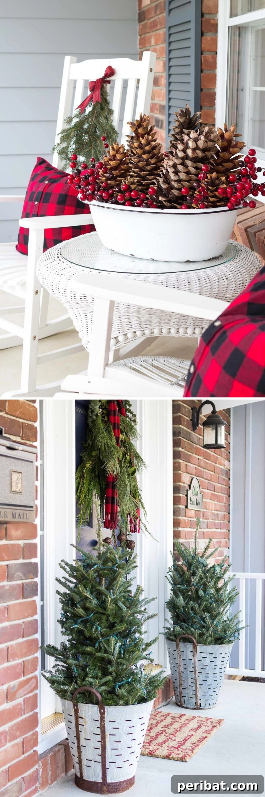 25 DIY Farmhouse Christmas Decor Ideas for a Rustic Country Christmas 26 Farmhouse Front Porch decorated with white chairs, metal bowl, pinecones, and plaid throw