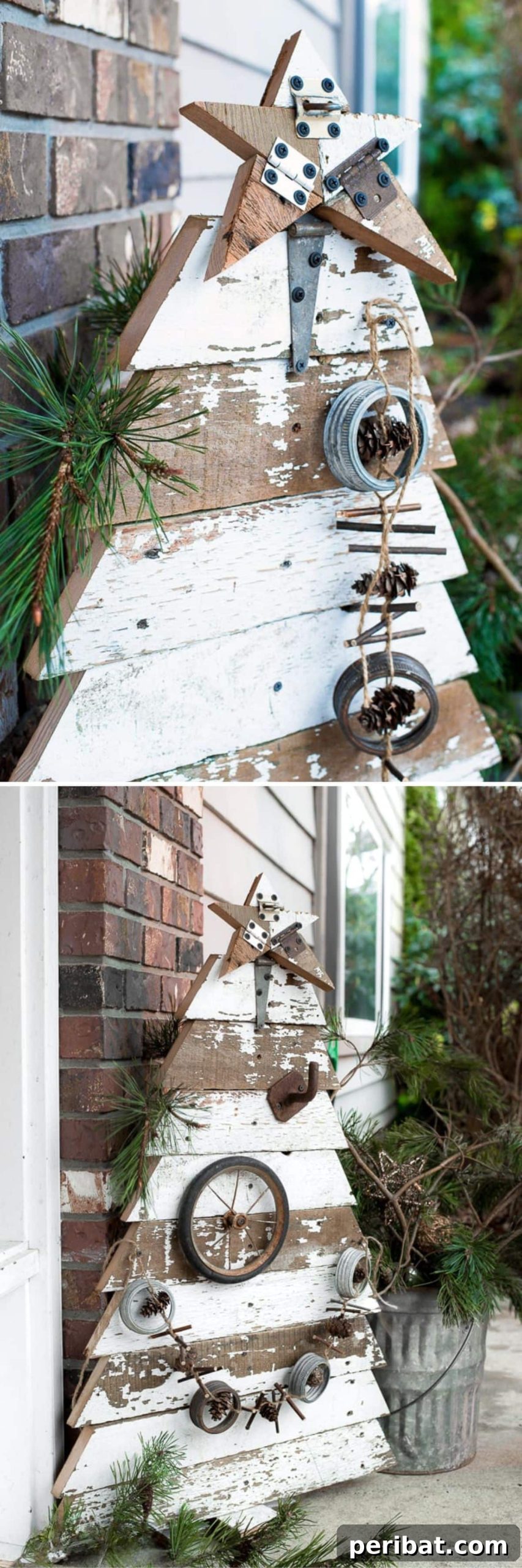 25 DIY Farmhouse Christmas Decor Ideas for a Rustic Country Christmas 27 Reclaimed Wood Christmas Tree made from old wood planks for outdoor farmhouse decor
