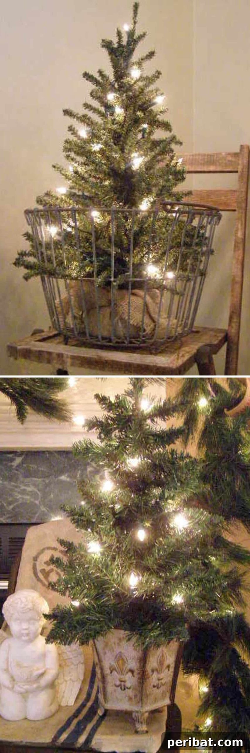 25 DIY Farmhouse Christmas Decor Ideas for a Rustic Country Christmas 4 Wire Basket Tree, a simple and elegant rustic Christmas decoration