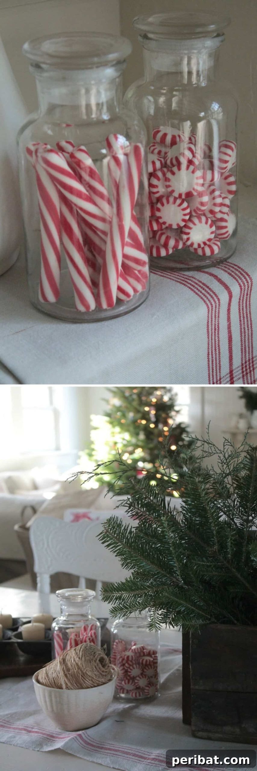 25 DIY Farmhouse Christmas Decor Ideas for a Rustic Country Christmas 6 Vintage Candy Jars filled with peppermint for a country Christmas look