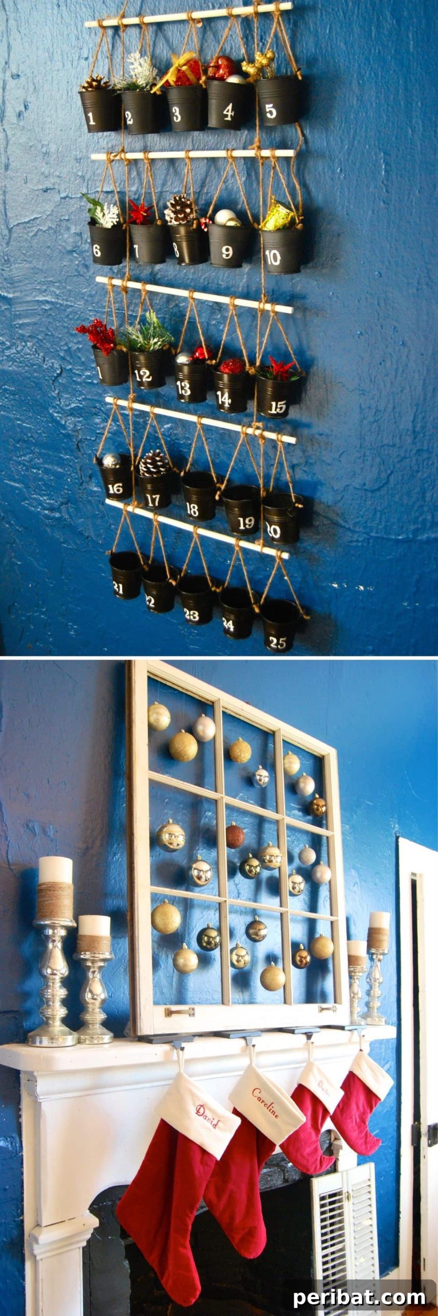 25 DIY Farmhouse Christmas Decor Ideas for a Rustic Country Christmas 8 DIY Window Display repurposed as a rustic stocking holder with ornaments