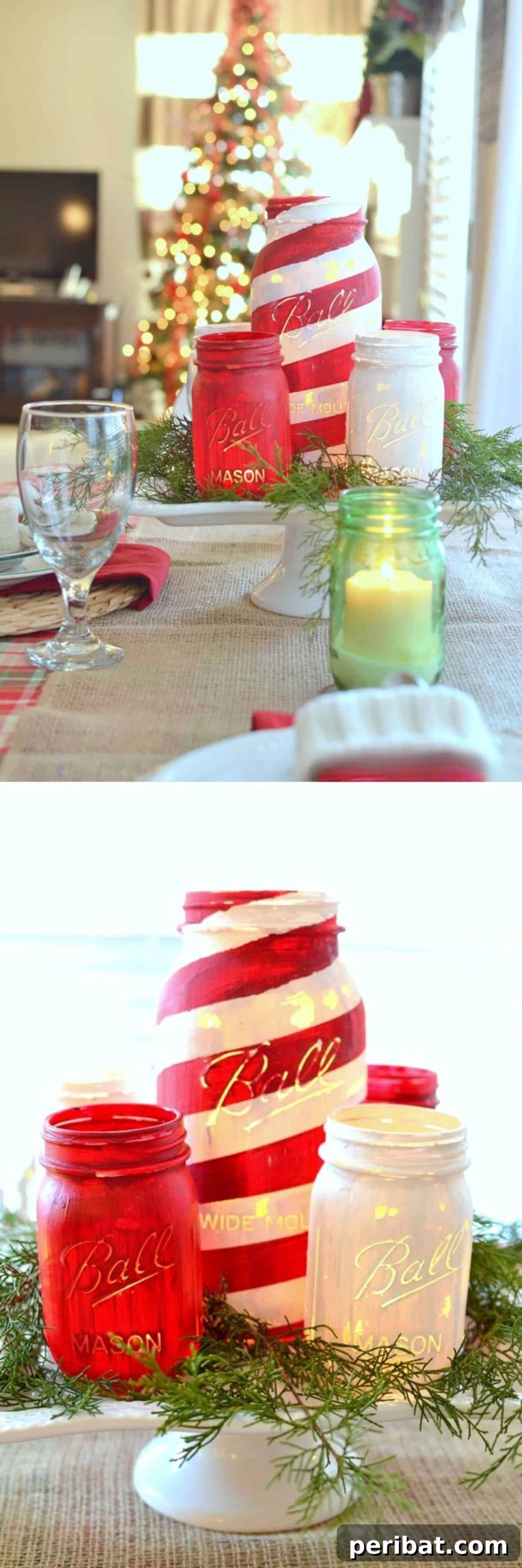 25 DIY Farmhouse Christmas Decor Ideas for a Rustic Country Christmas 9 Painted Mason Jar Centerpiece with red and white stripes for a festive farmhouse table