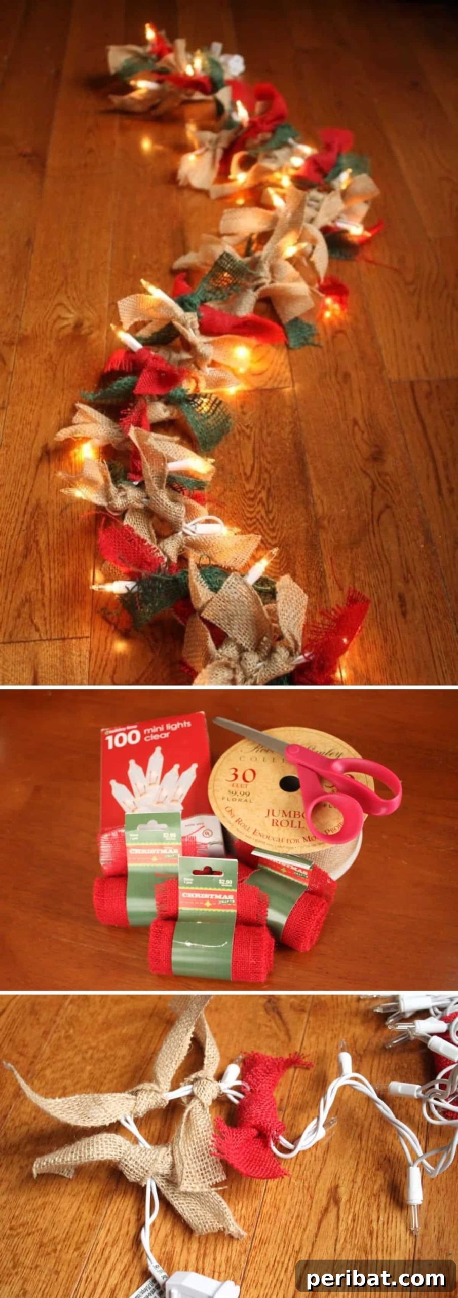 25 DIY Farmhouse Christmas Decor Ideas for a Rustic Country Christmas 10 Lighted Burlap Garland in red, green, and natural burlap for farmhouse Christmas decor