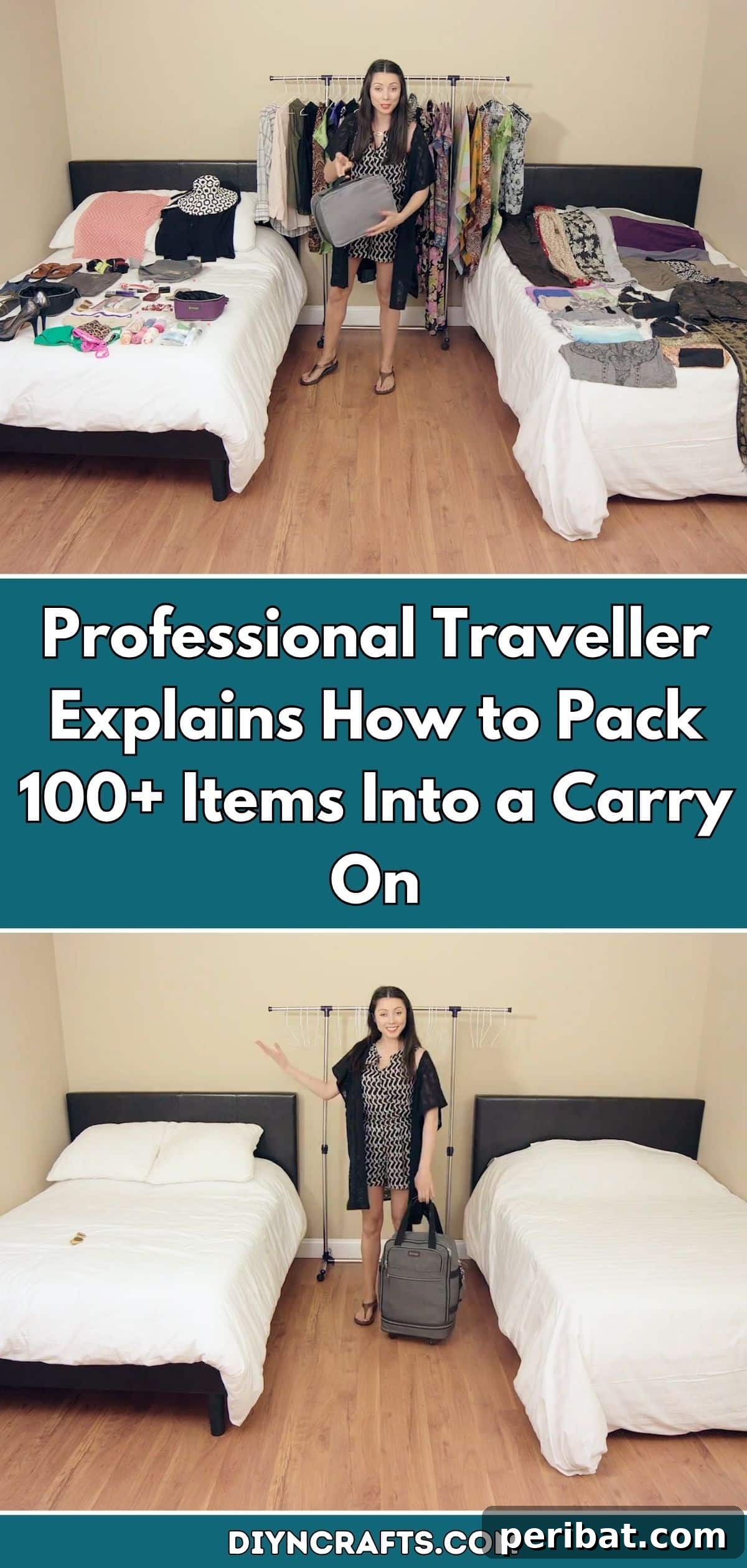 Professional Traveller Explains How to Pack 100+ Items Into a Carry On pinterest image