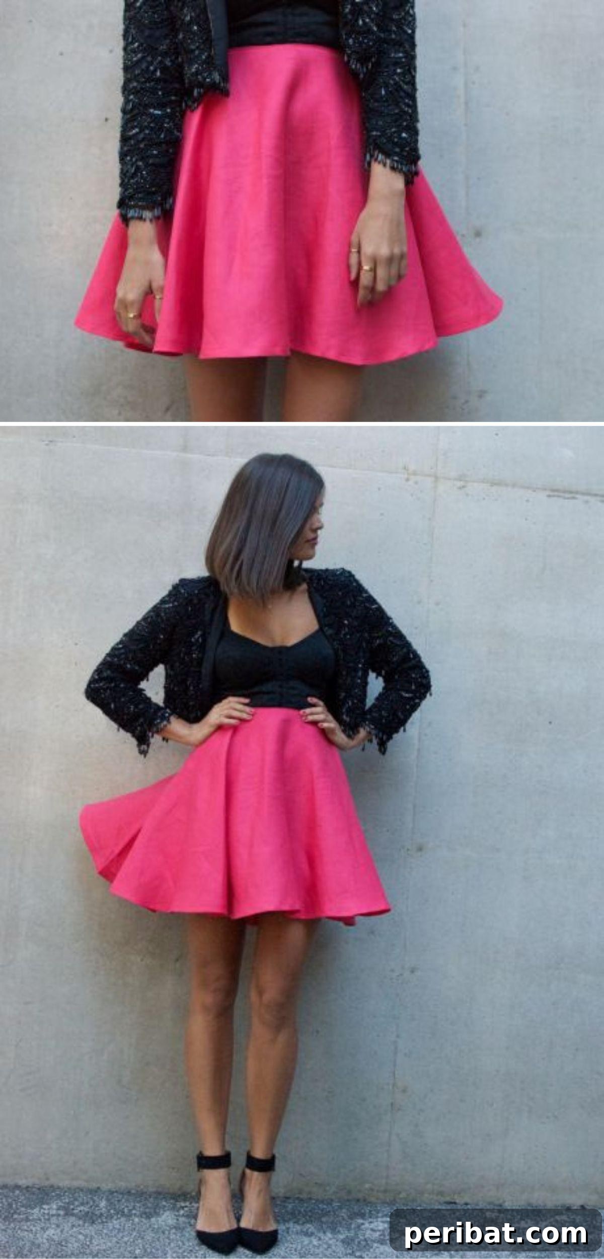 Craft 15 Chic Summer Skirts: Free DIY Patterns and Tutorials 13 Pink circle skirt collage, showing a vibrant pink circle skirt with a full, flowing silhouette, demonstrating the ease of creation in four simple steps.
