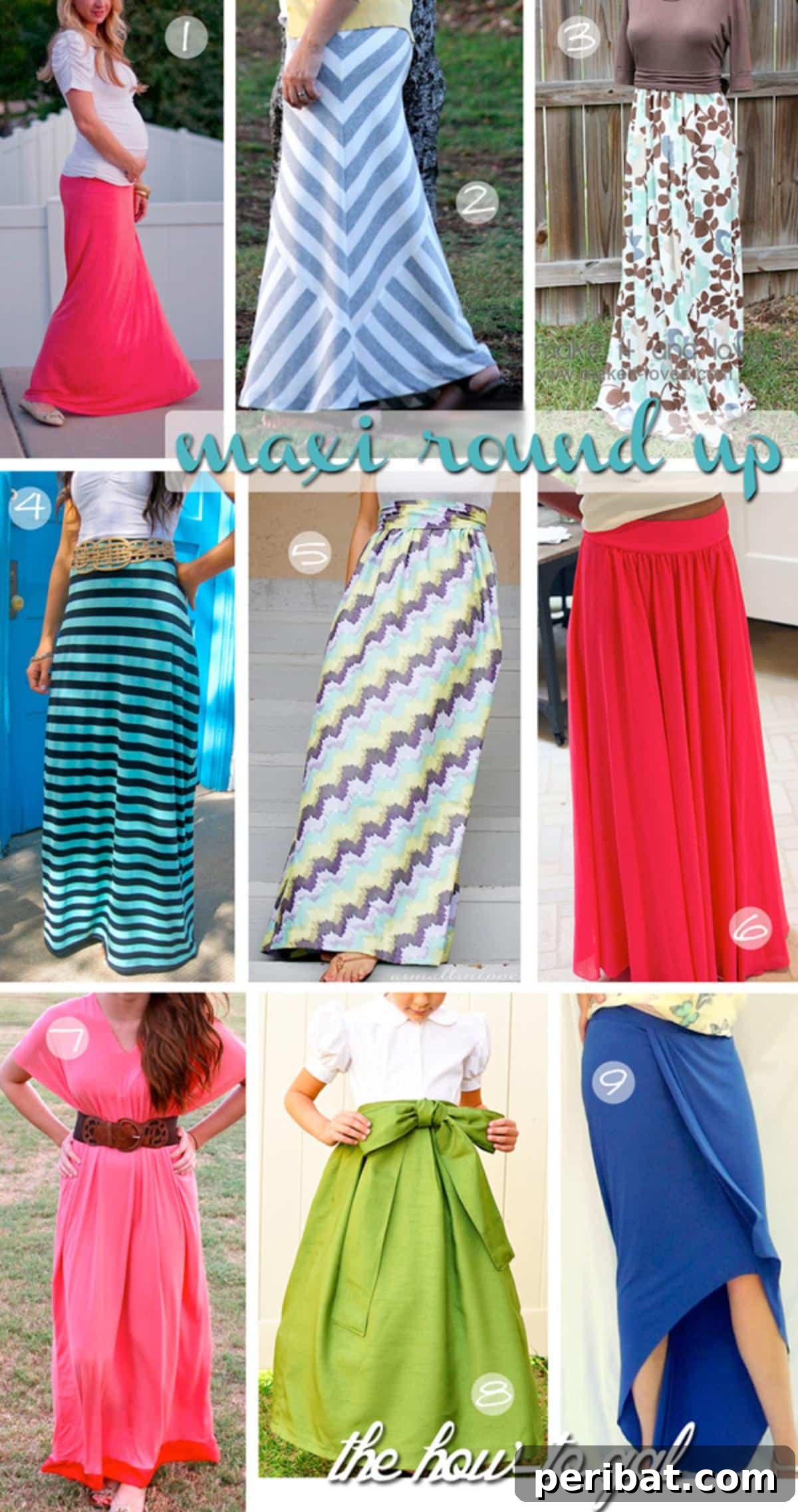 Craft 15 Chic Summer Skirts: Free DIY Patterns and Tutorials 18 A collage featuring different easy DIY maxi skirts, showcasing various fabrics and styles, perfect for comfortable and versatile fashion.