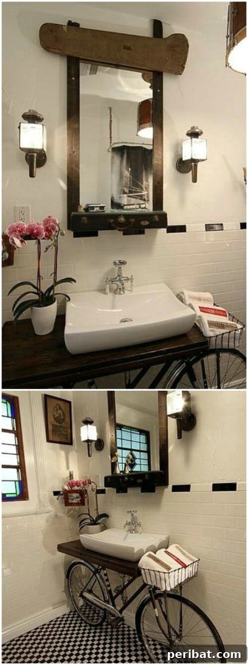 Unique Upcycled Bicycle Bathroom Vanity with Basket Storage