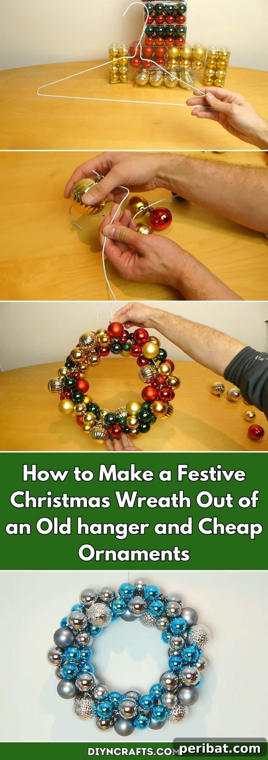 How to Make a Festive Christmas Wreath Out of an Old hanger and Cheap Ornaments collage