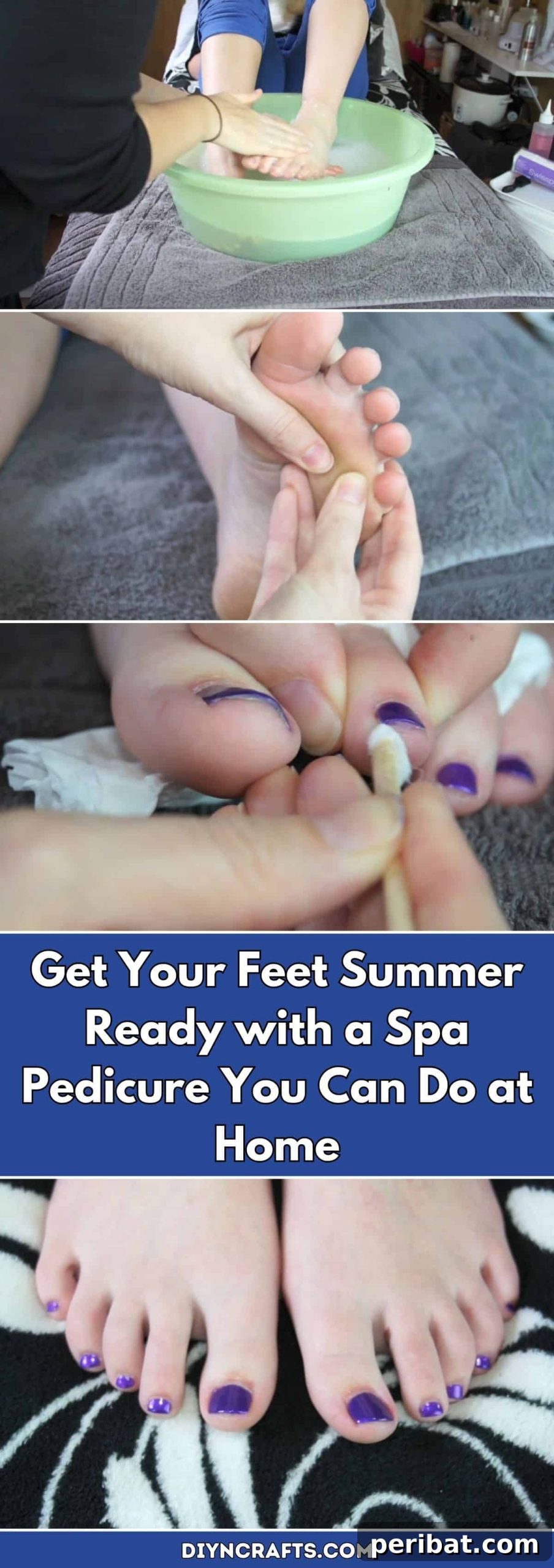 Your At-Home Spa Pedicure for Perfect Summer Toes 2 Get Your Feet Summer Ready with a Spa Pedicure You Can Do at Home. A close-up of perfectly pedicured feet with bright nail polish in sandals, ready for summer adventures.
