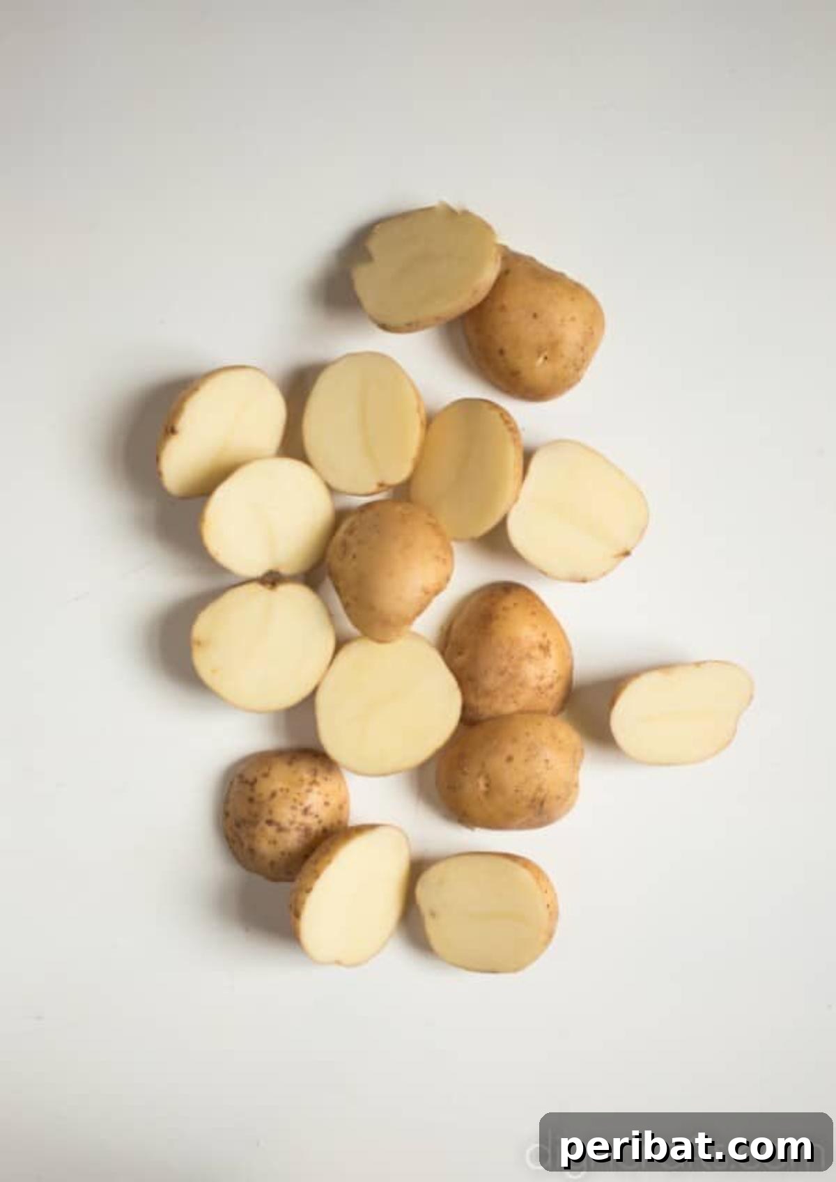 Baby potatoes, cut in half.