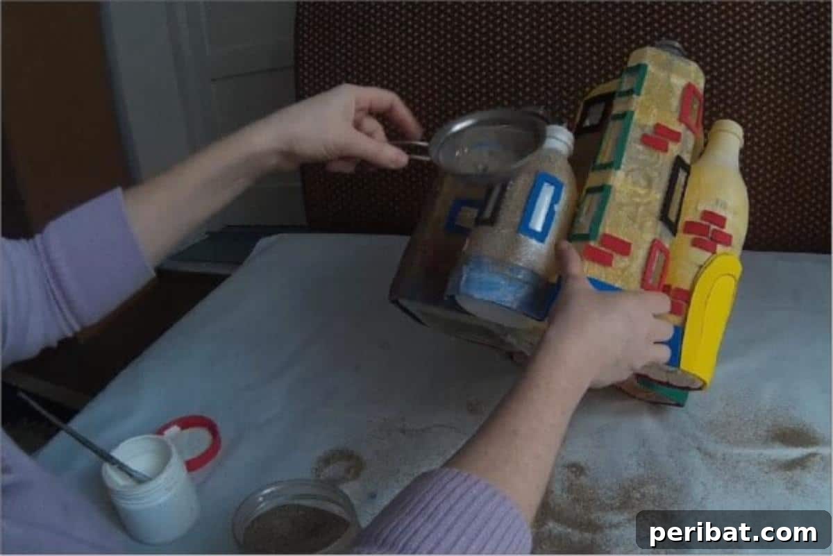 Unleash Magic: Build a Fairy Castle from Plastic Bottles 5 Applying a second layer of wood glue to the fairy house walls, then spreading fine sand over the wet glue to create a realistic, gritty textured finish.