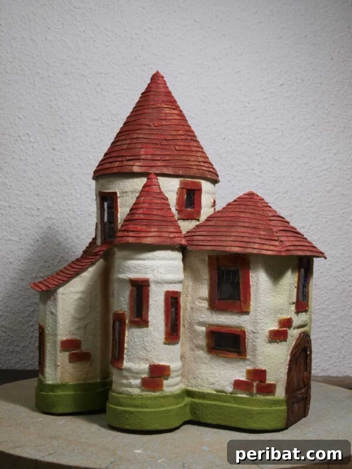Unleash Magic: Build a Fairy Castle from Plastic Bottles 8 A beautifully painted magical fairy castle crafted entirely from upcycled plastic bottles, showcasing intricate details, vibrant colors, and realistic textures.