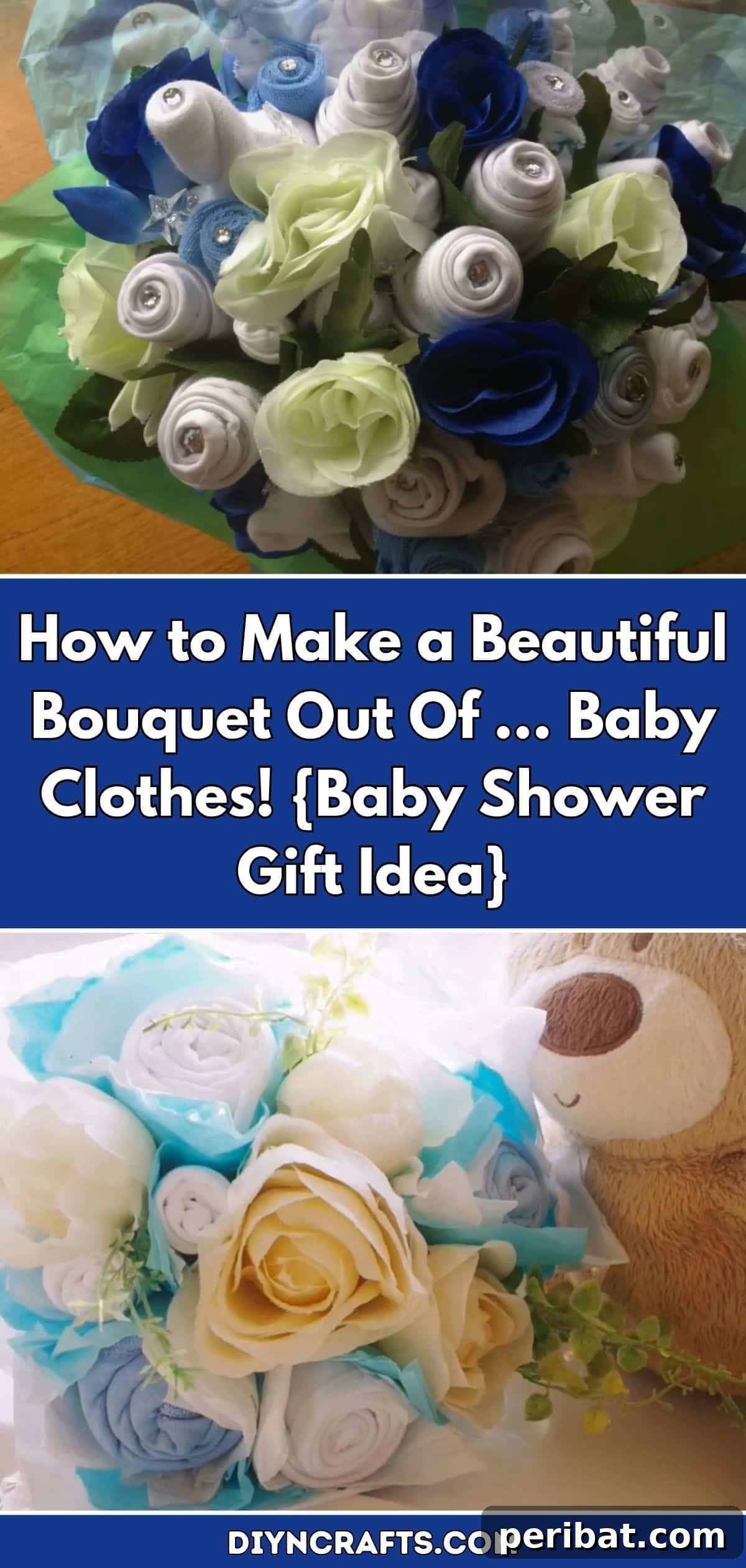 Transform Baby Clothes into a Stunning Bouquet 2 How to Make a Beautiful Bouquet Out Of … Baby Clothes! {Baby Shower Gift Idea} pinterest image