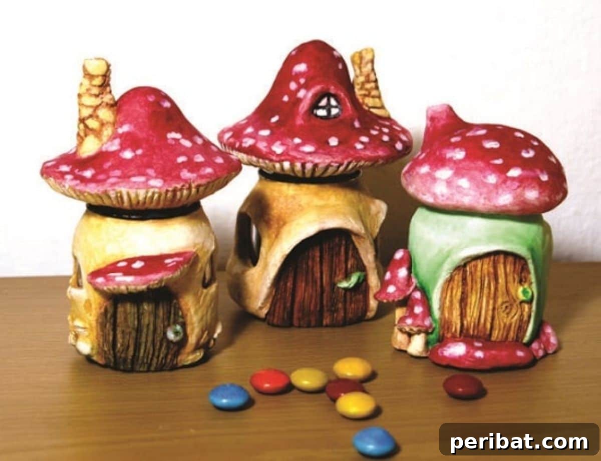 Unlock Whimsy Turn an Old Jar Into a Mushroom Fairy Dwelling 7 A collection of finished mushroom fairy houses, beautifully painted with vibrant colors and intricate details, showcasing the final enchanting result.
