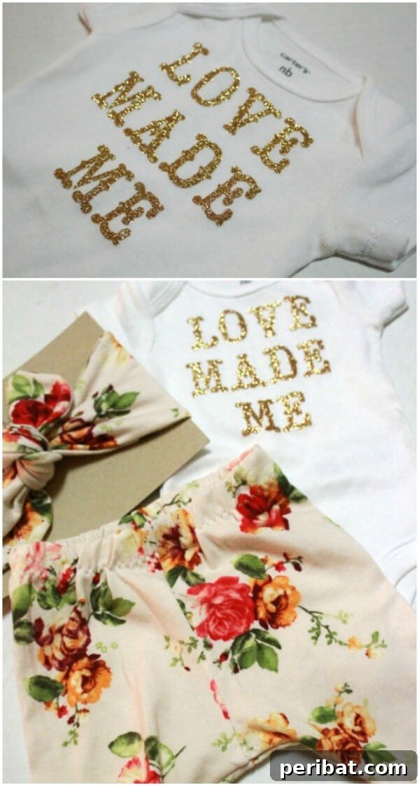 25 Heart-Melting Baby Shower Gift Ideas 12 Cute baby onesie with 'Love Made Me' in glitter, perfect for a baby shower gift.