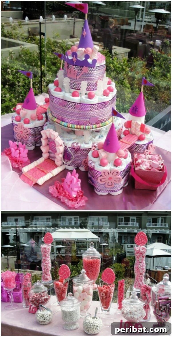 25 Heart-Melting Baby Shower Gift Ideas 17 Elaborate pink diaper cake castle for a baby princess shower.