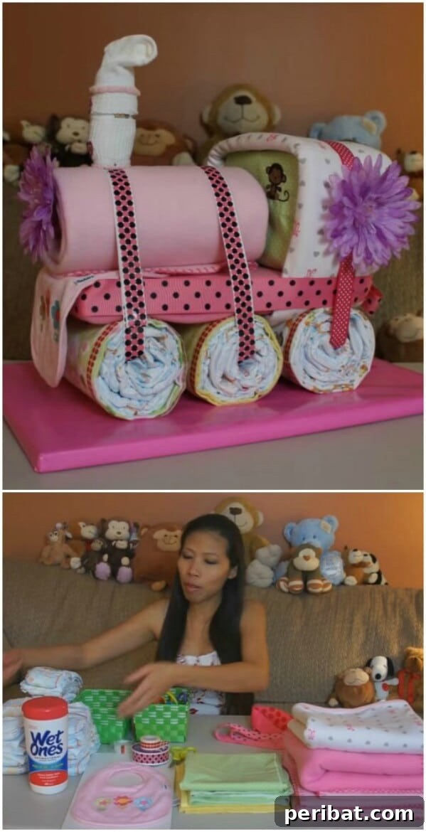 25 Heart-Melting Baby Shower Gift Ideas 18 Creative choo choo train diaper cake with stuffed animals.