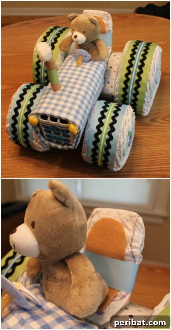 25 Heart-Melting Baby Shower Gift Ideas 19 Unique tractor-shaped diaper cake with a plush animal driver.