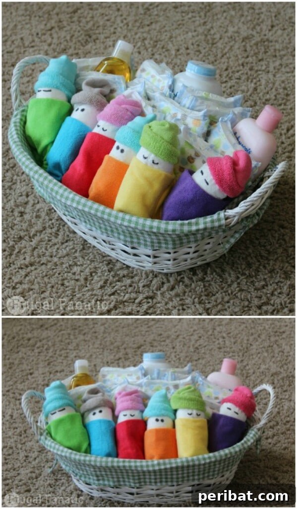 25 Heart-Melting Baby Shower Gift Ideas 21 Small 'diaper babies' made from diapers, socks, and washcloths, with cute faces.