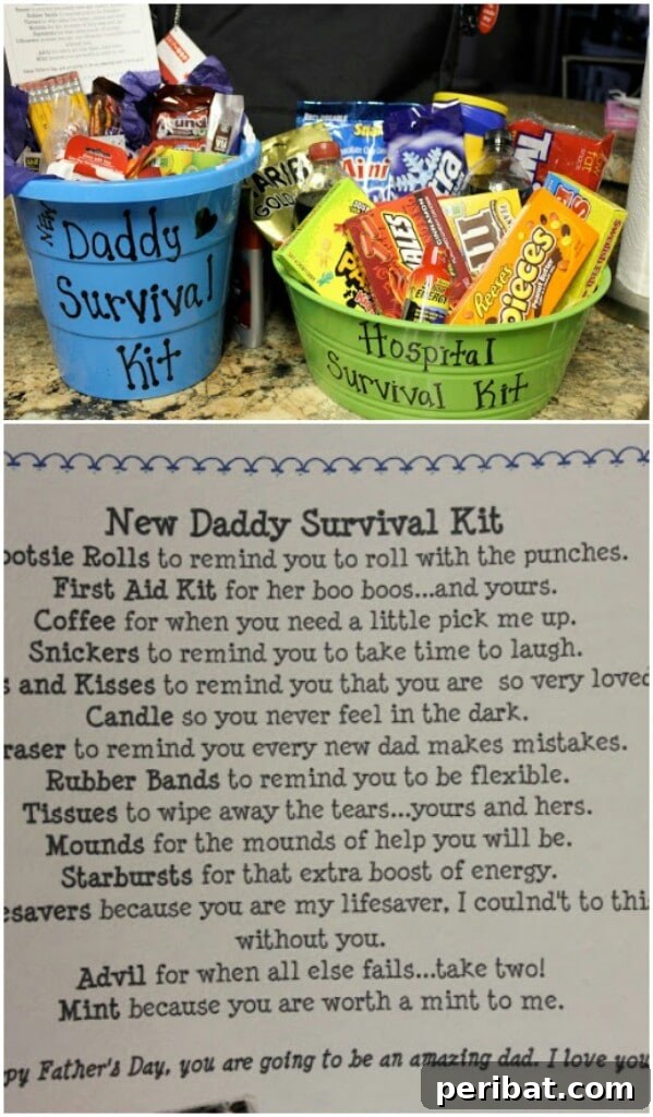 25 Heart-Melting Baby Shower Gift Ideas 22 New Daddy Survival Kit with essentials like coffee, snacks, and baby supplies.