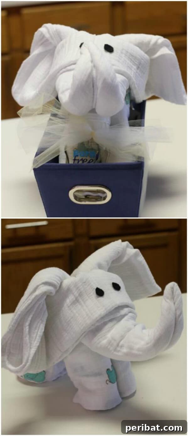 25 Heart-Melting Baby Shower Gift Ideas 24 Baby elephant figure created from a soft swaddle blanket.