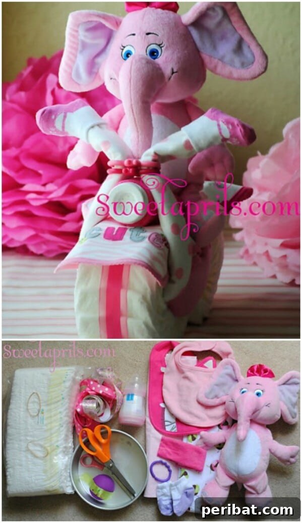 25 Heart-Melting Baby Shower Gift Ideas 25 Motorcycle-shaped diaper cake with a plush elephant rider and baby essentials.