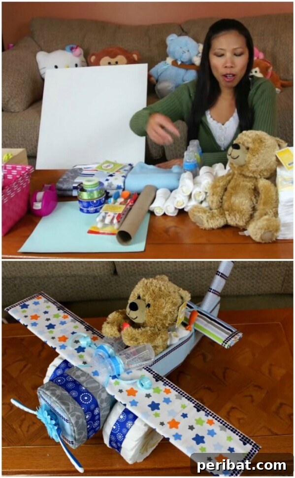 25 Heart-Melting Baby Shower Gift Ideas 27 Detailed airplane-shaped diaper cake with a plush pilot bear.
