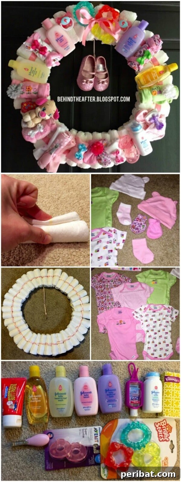 25 Heart-Melting Baby Shower Gift Ideas 7 Colorful diaper wreath adorned with baby socks, mittens, and small toys.