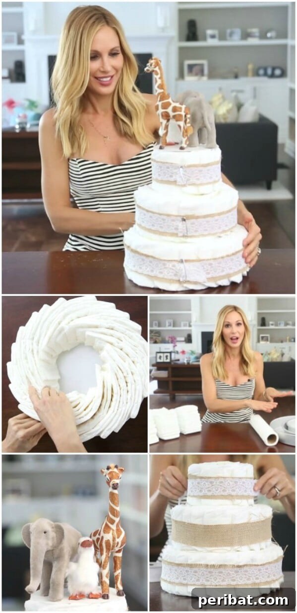 25 Heart-Melting Baby Shower Gift Ideas 8 Multi-tiered diaper cake decorated with ribbons and baby accessories.