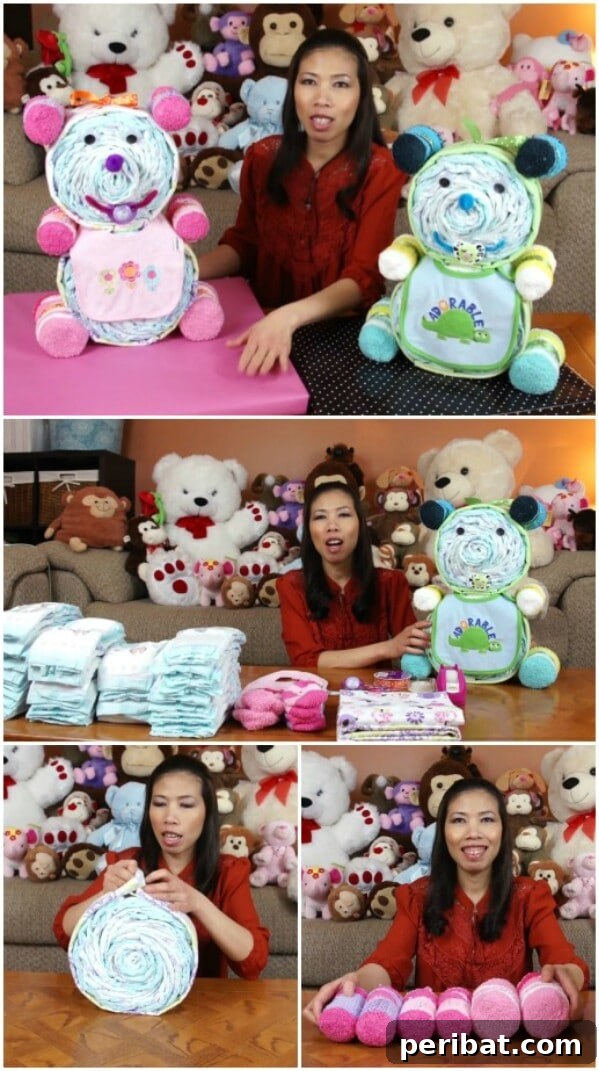 25 Heart-Melting Baby Shower Gift Ideas 10 Cute teddy bear shaped diaper cake with adorable details.