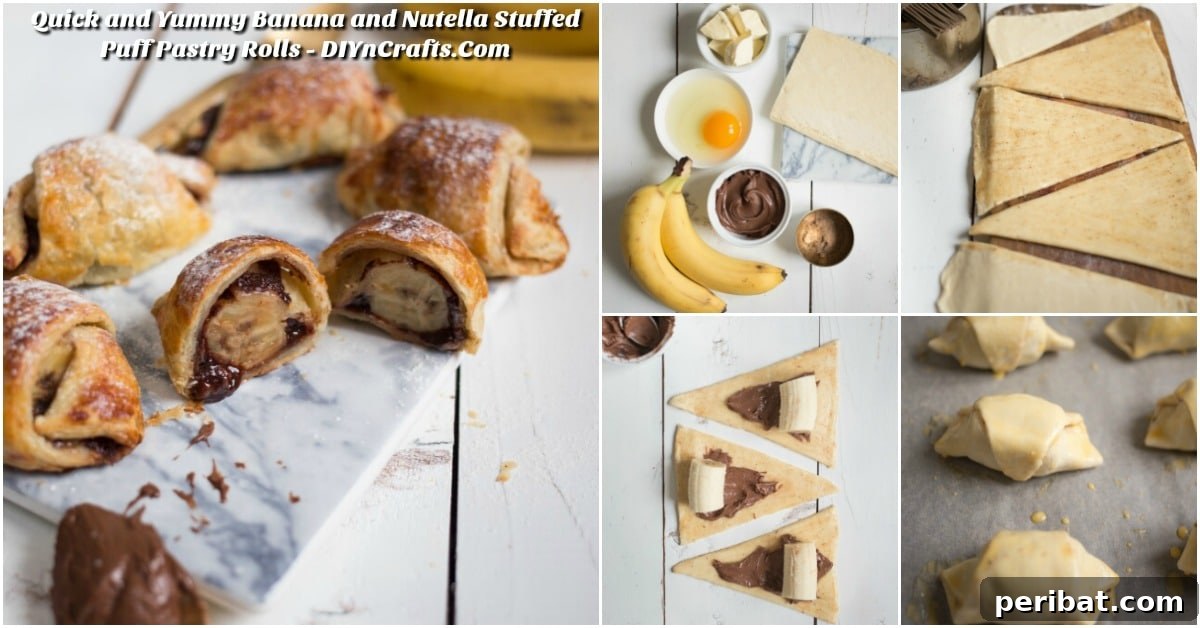 Delicious banana Nutella puff pastry rolls fresh from the oven, golden and crispy.