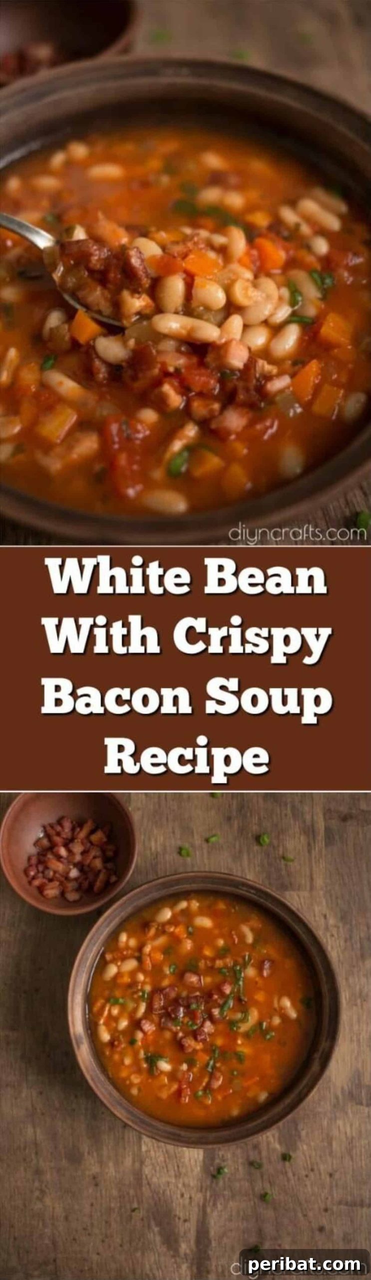 Hearty White Bean and Crispy Bacon Soup: Your Winter Blues Remedy 2 A steaming bowl of white bean soup generously topped with crispy bacon bits, ready to warm you up on a cold winter day.