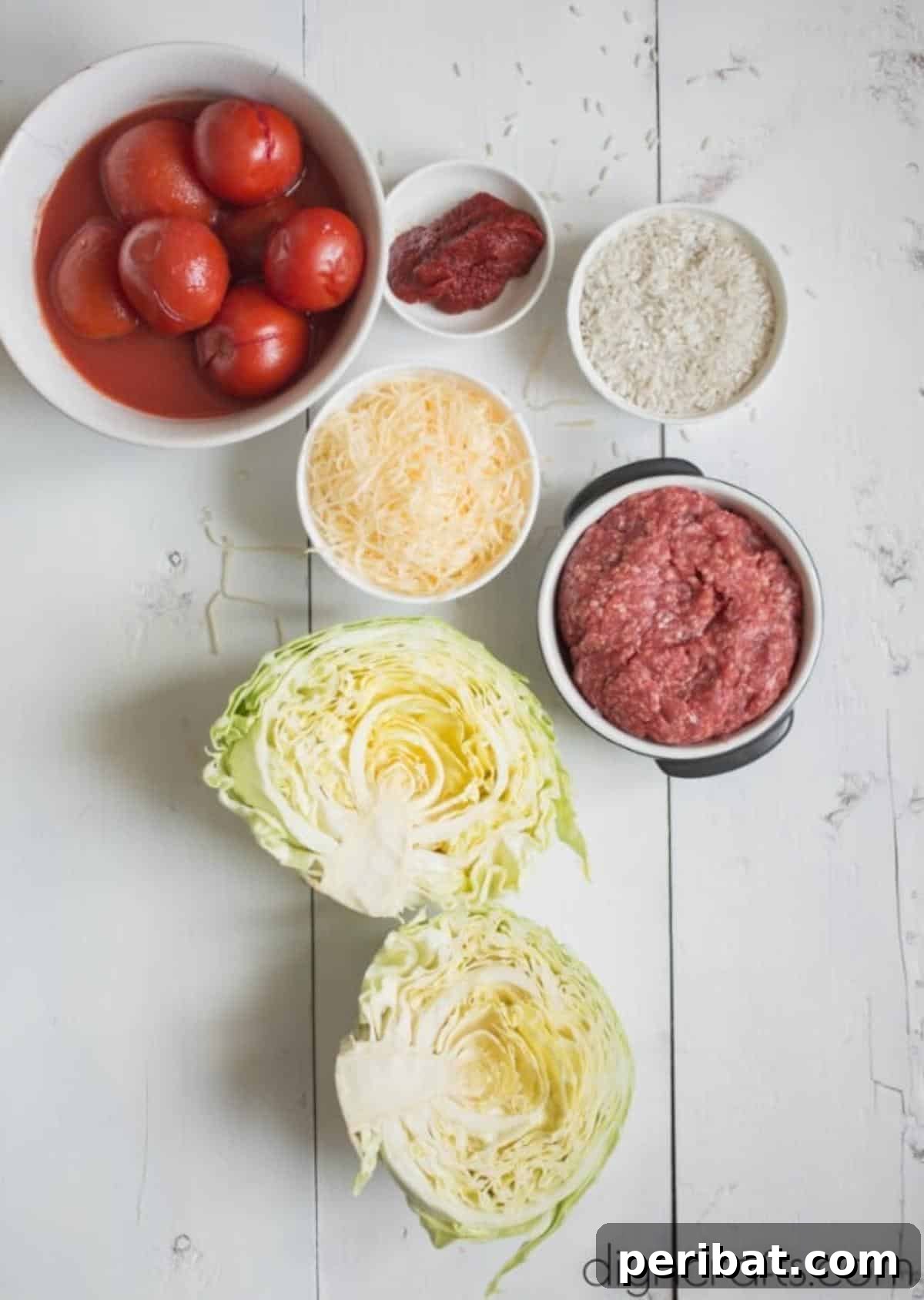 Golden Cheesy Cabbage Perfection 3 Ingredients for Cheesy Cabbage Casserole laid out on a table