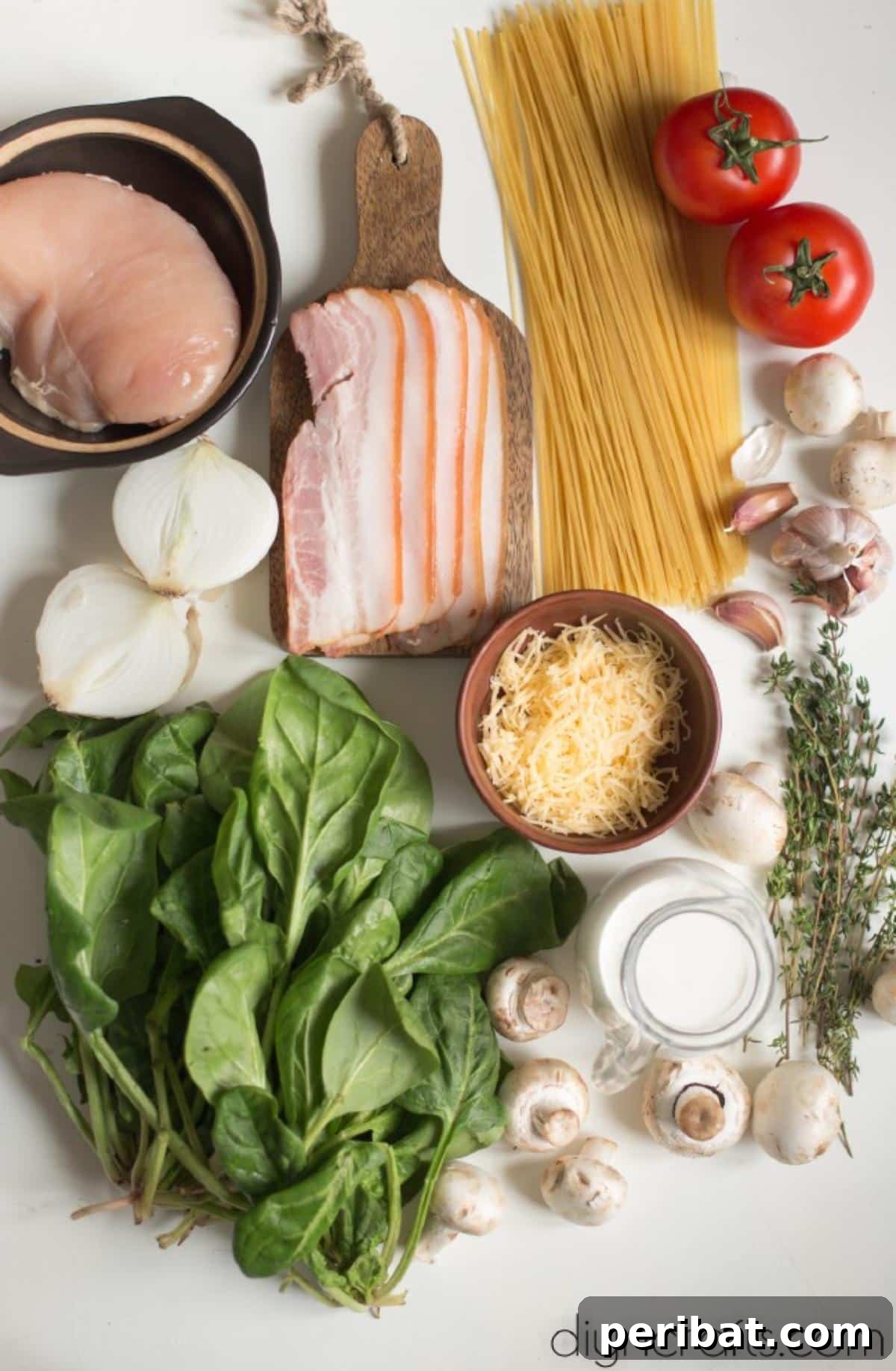 Chicken, Bacon, Spinach Spaghetti: A Modern Classic 3 Ingredients for chicken, bacon, and spinach spaghetti.