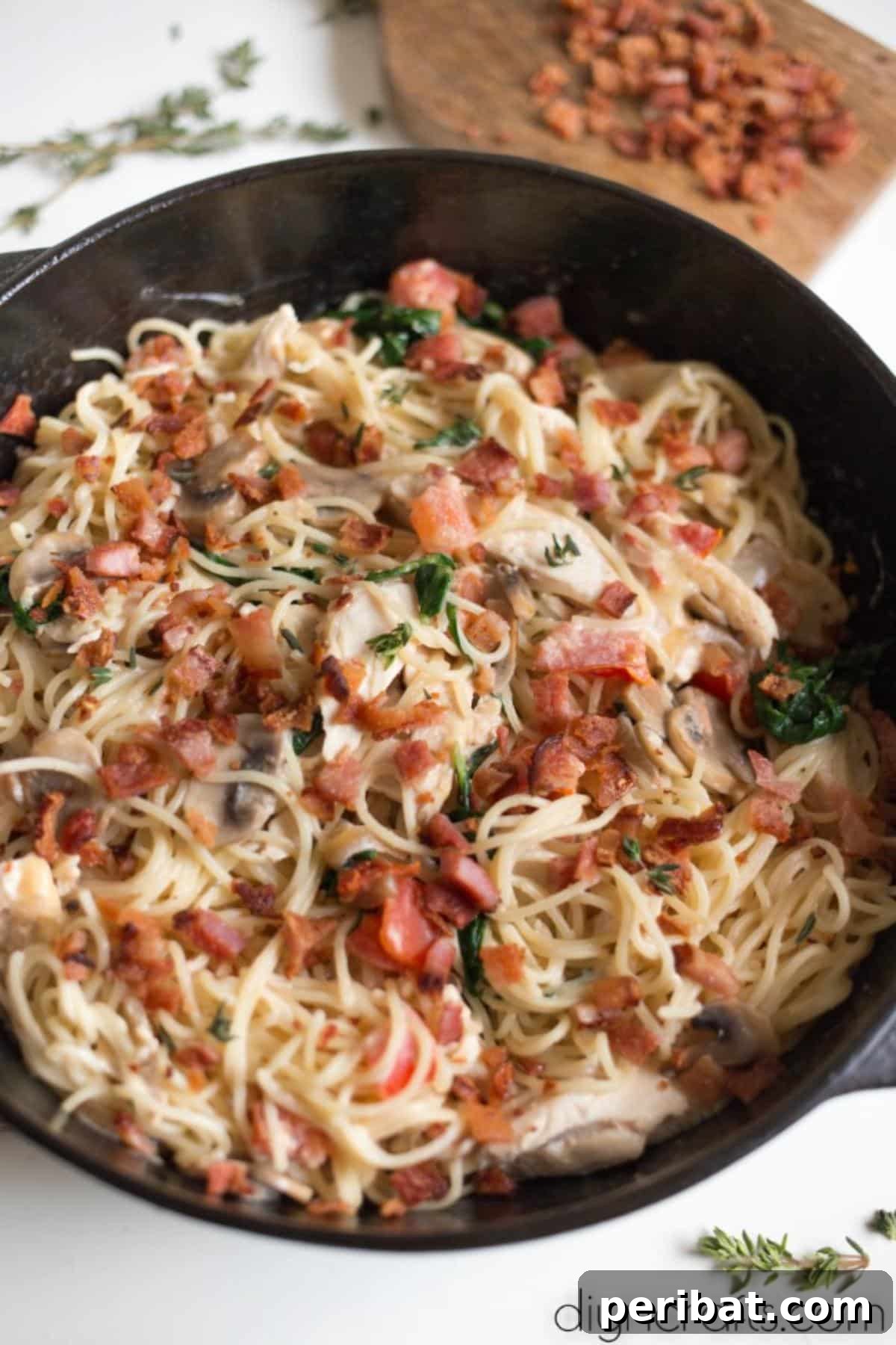 Chicken, Bacon, Spinach Spaghetti: A Modern Classic 6 Toss ingredients together for a quick and easy meal.