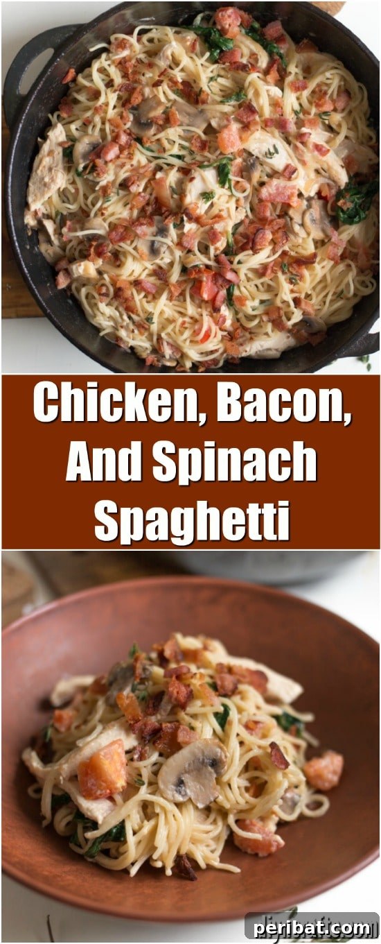 Chicken, Bacon, Spinach Spaghetti: A Modern Classic 9 Chicken, Bacon, and Spinach Spaghetti: A family favorite.