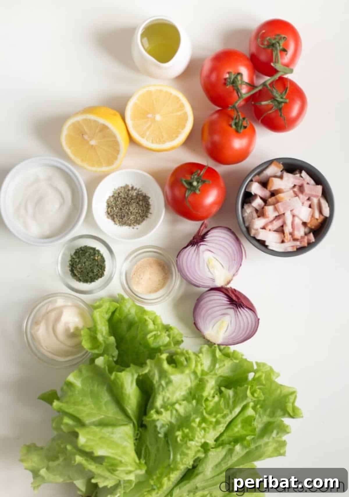 Irresistible BLT Pasta Salad: Recipe Requests Guaranteed 3 Fresh ingredients for BLT salad including bacon, lettuce, tomatoes, and pasta.