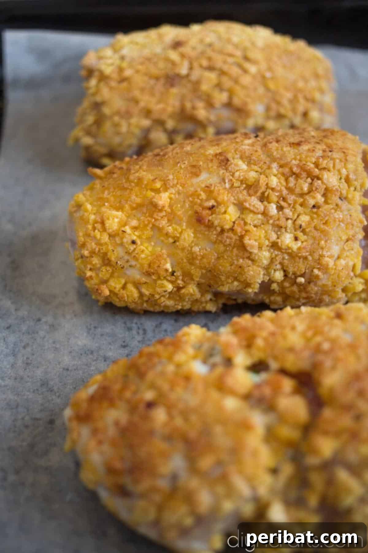 Golden Crispy Bacon and Cheese Chicken Rolls Easy Family Dinner 7 Adding corn flakes.