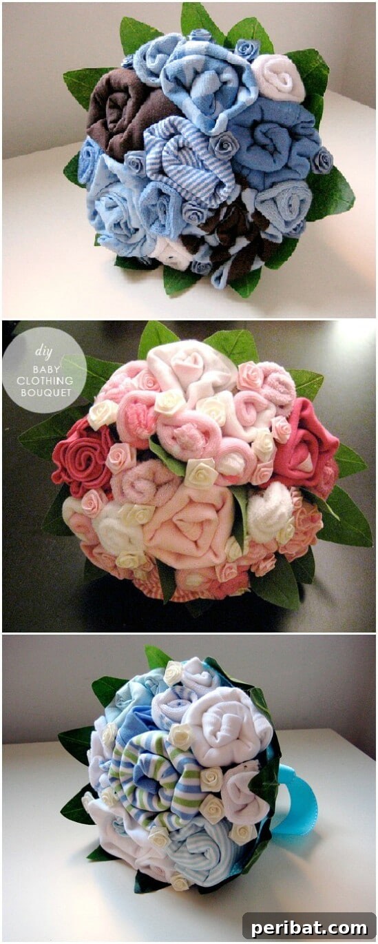 Decorative bouquet created by folding baby clothes into flower shapes