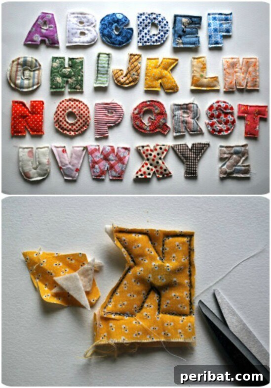 Colorful plush alphabet letters crafted from repurposed baby clothes