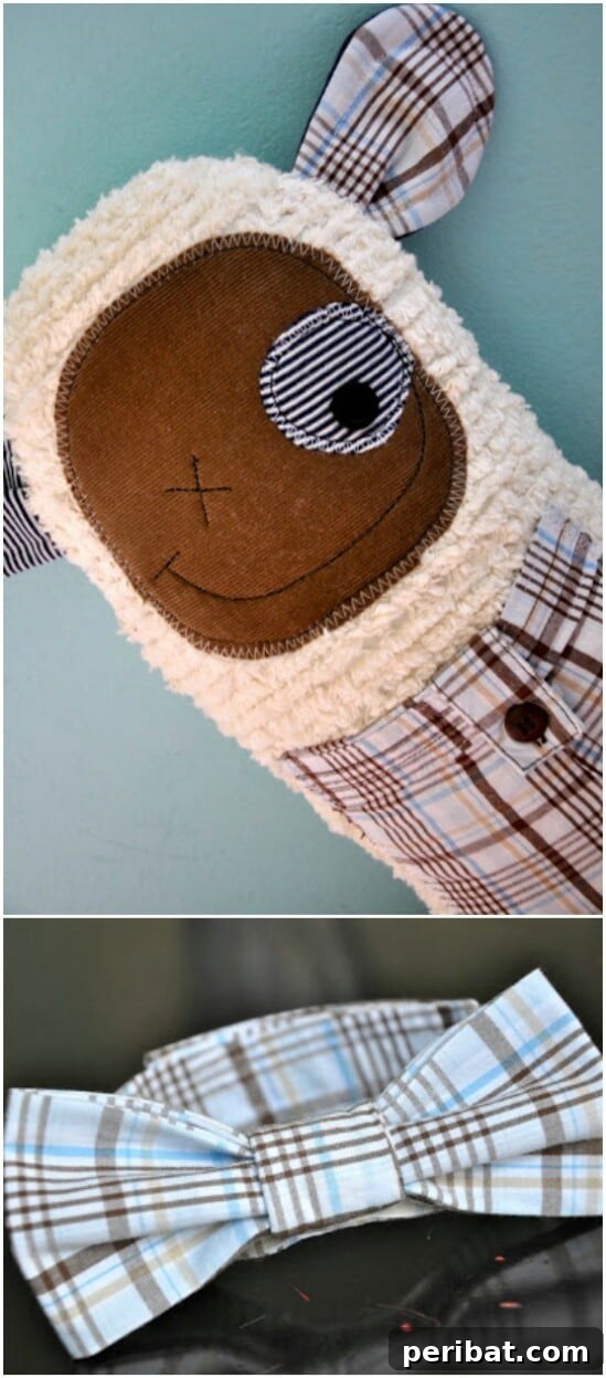 Whimsical stuffed animal created from various pieces of baby clothing