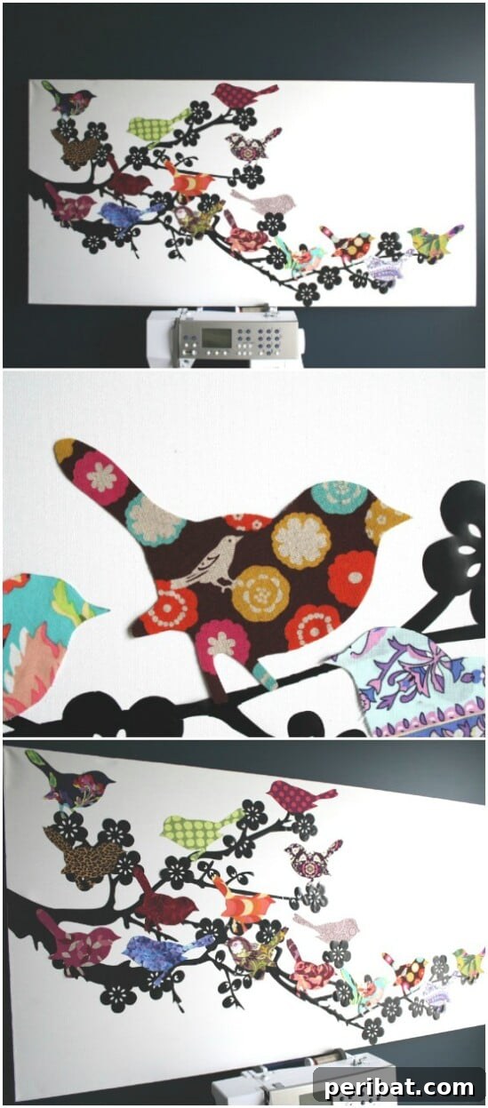 Decorative wall art featuring a bird design made from fabric scraps of baby clothes