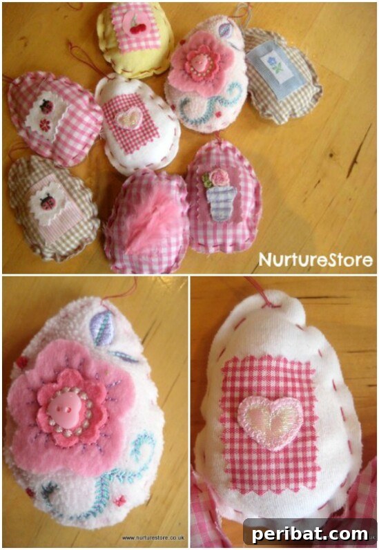 Heirloom Easter eggs wrapped in fabric from outgrown baby clothes