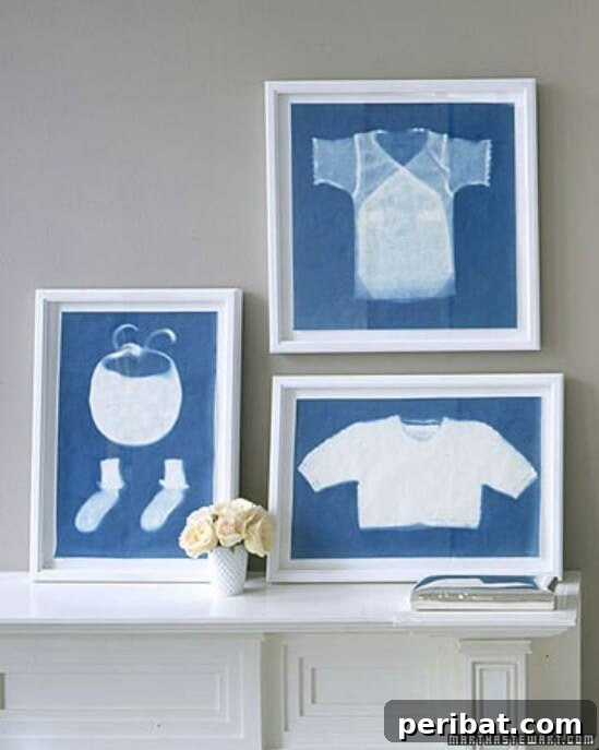 Artistic sun prints created using baby clothes on light-sensitive paper