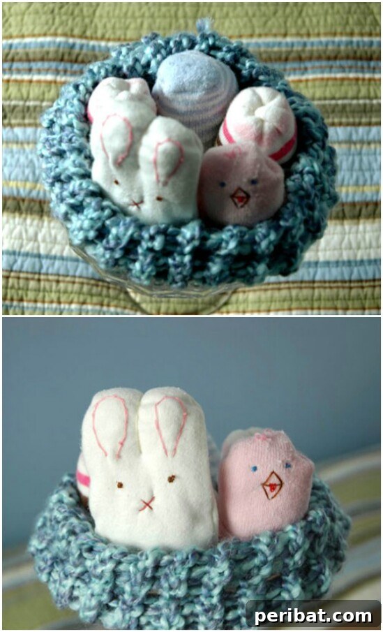 Cute stuffed bunnies and chicks made from mismatched baby socks