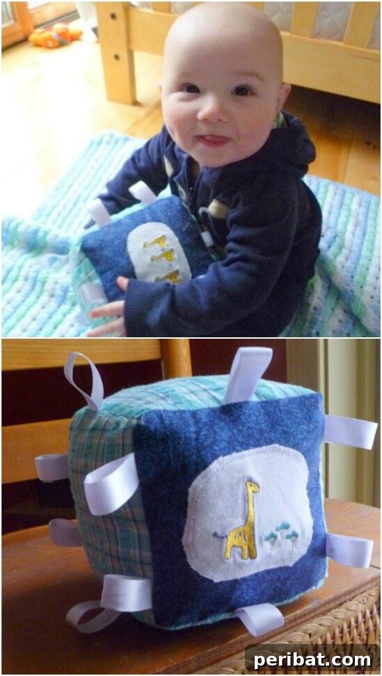 Soft baby block toy crafted from old baby clothes and ribbons